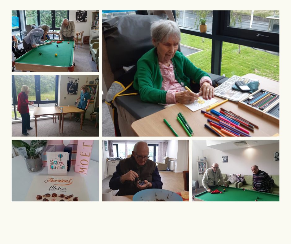 a collage showing a snooker game, ping pong match, drawing, baking and a leaving present